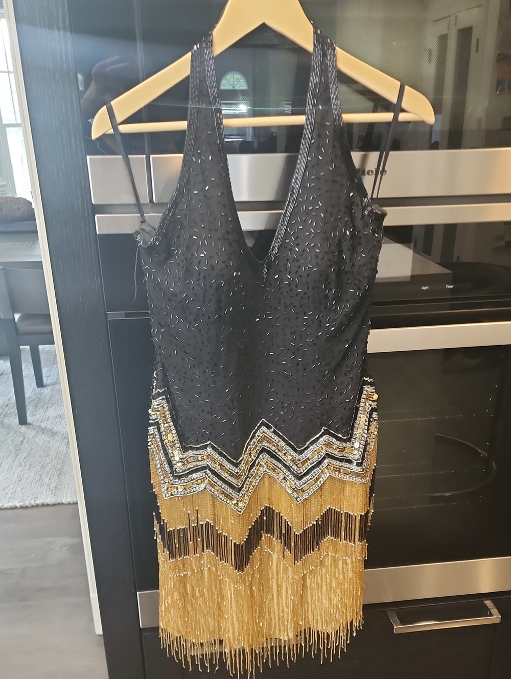 Nite Line Black and Gold Beaded Fringe Mini Dress - NWOT